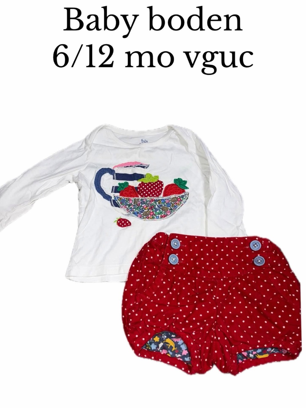 Baby boden 6-12 Month strawberry shirt & red polka dot shorts